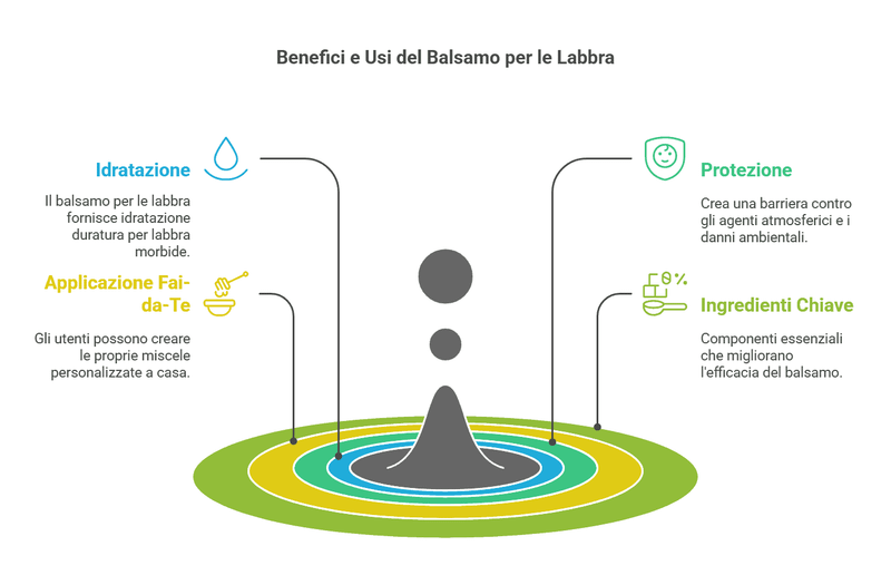 A cosa serve il balsamo per le labbra? 4 Balsamo per le labbra con proprietà idratanti, proteggenti e arricchito con ingredienti chiave, ideale per la cura delle labbra naturali e durature, perfetto per creare una barriera contro agenti atmosferici e danni ambientali.