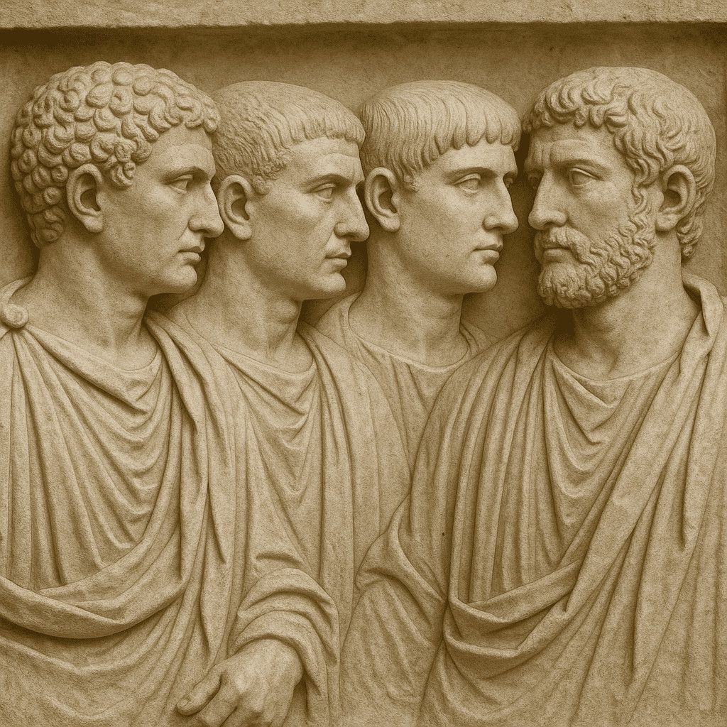 Sculture di marmo di filosofi greci antichi, raffiguranti pensatori e pensatrici, dettagli anatomici e drappeggi realistici, arte classica e storia della filosofia, esposizione museale.