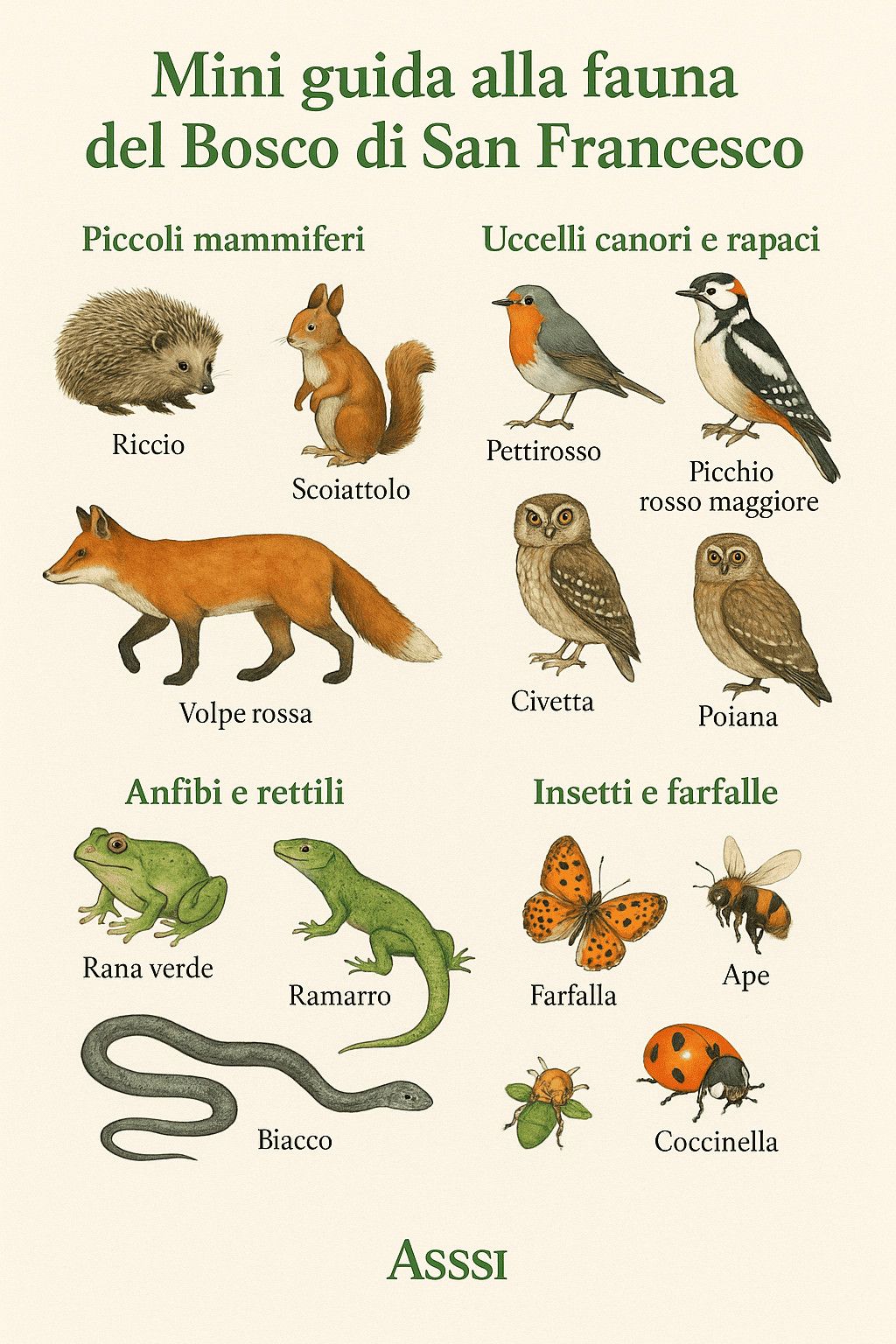 Riccio, scoiattolo, uccelli canori e rapaci,ermo, fox, civetta, poiana, anfibi e rettili, insetti e farfalle, esempio di fauna del Bosco di San Francesco. Immagini illustrative di piccoli mammiferi, uccelli, insetti e rettili.