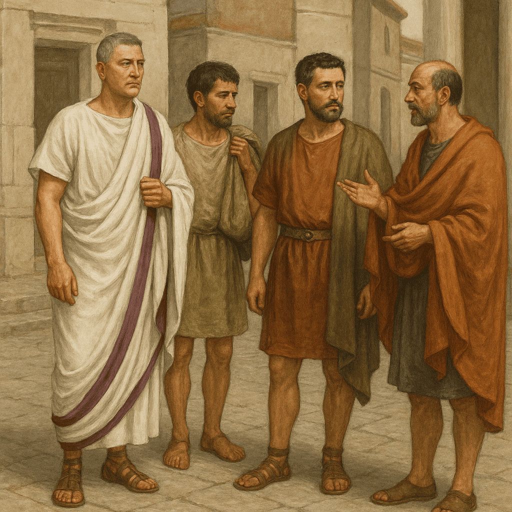 Filemnasf_domenico_ghirlandaio_alt.jpg, Figure di uomini in abiti romani antichi che discutono nella strada, dipinto realistico che rappresenta scene storiche.