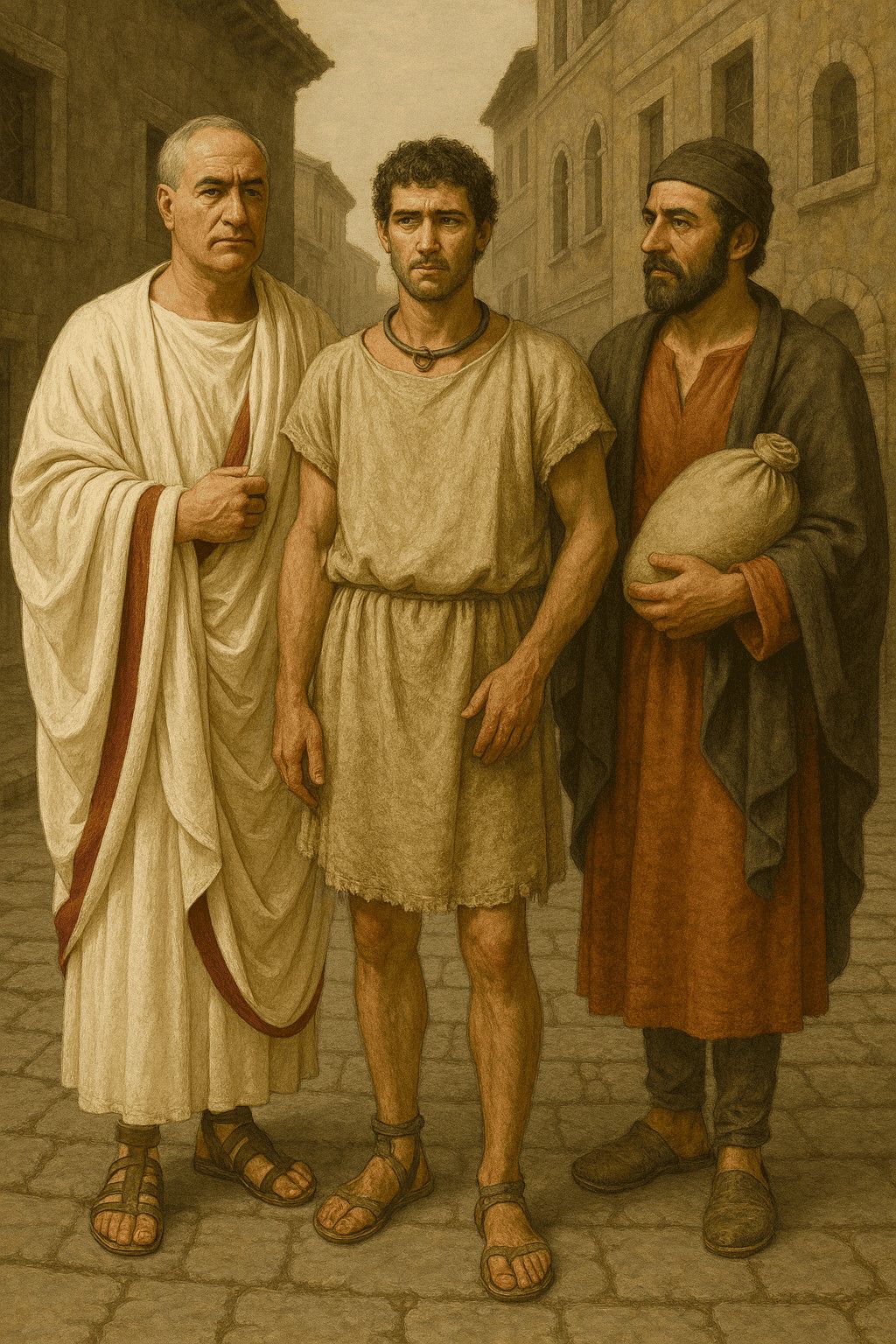 Tunica e toga romana: Fili di uomini antichi con abiti romani, scena storica raffigurante personaggi in un vicolo urbano.