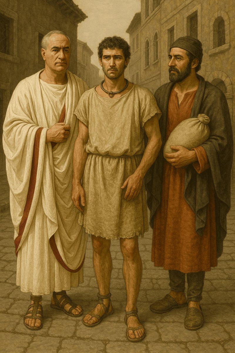 Abbigliamento uomo antica Roma: tuniche e toga 2 Tunica e toga romana: Fili di uomini antichi con abiti romani, scena storica raffigurante personaggi in un vicolo urbano.
