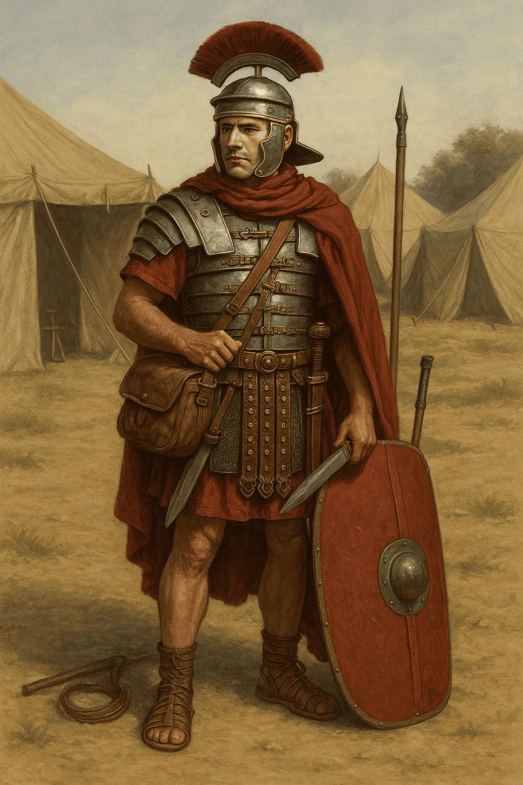 Guerriero romano in armatura con scudo e lancia, vestito con tunica e mantello rosso, in un campo con tende militari, rappresenta l'epoca dell'antica Roma, simbolo di forza e disciplina militare.