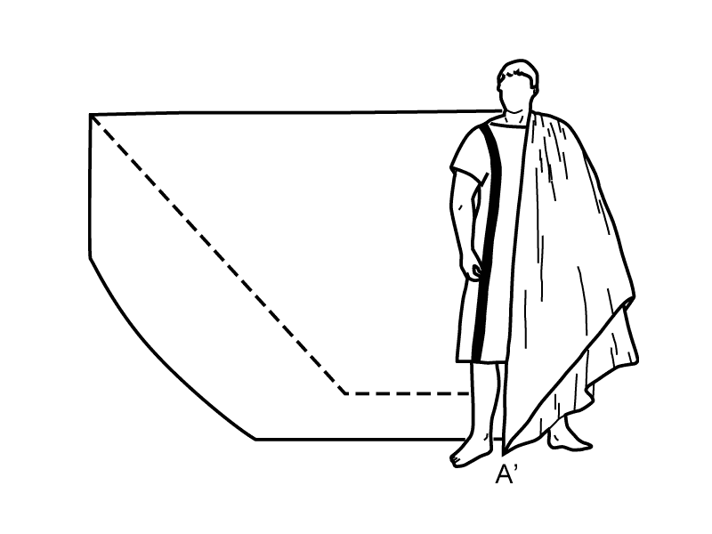 Proiezione geometrica di un prisma retto, con figura di un uomo in abiti classici, rappresentazione schematica in stile disegno tecnico.