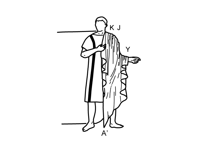 Abbigliamento uomo antica Roma: tuniche e toga 6 Torso e braccia di un uomo con toga, con linee di riferimento di anatomia umana, illustrazione schematica in stile disegno tecnico raffigurante elementi del corpo e vestiti antichi.