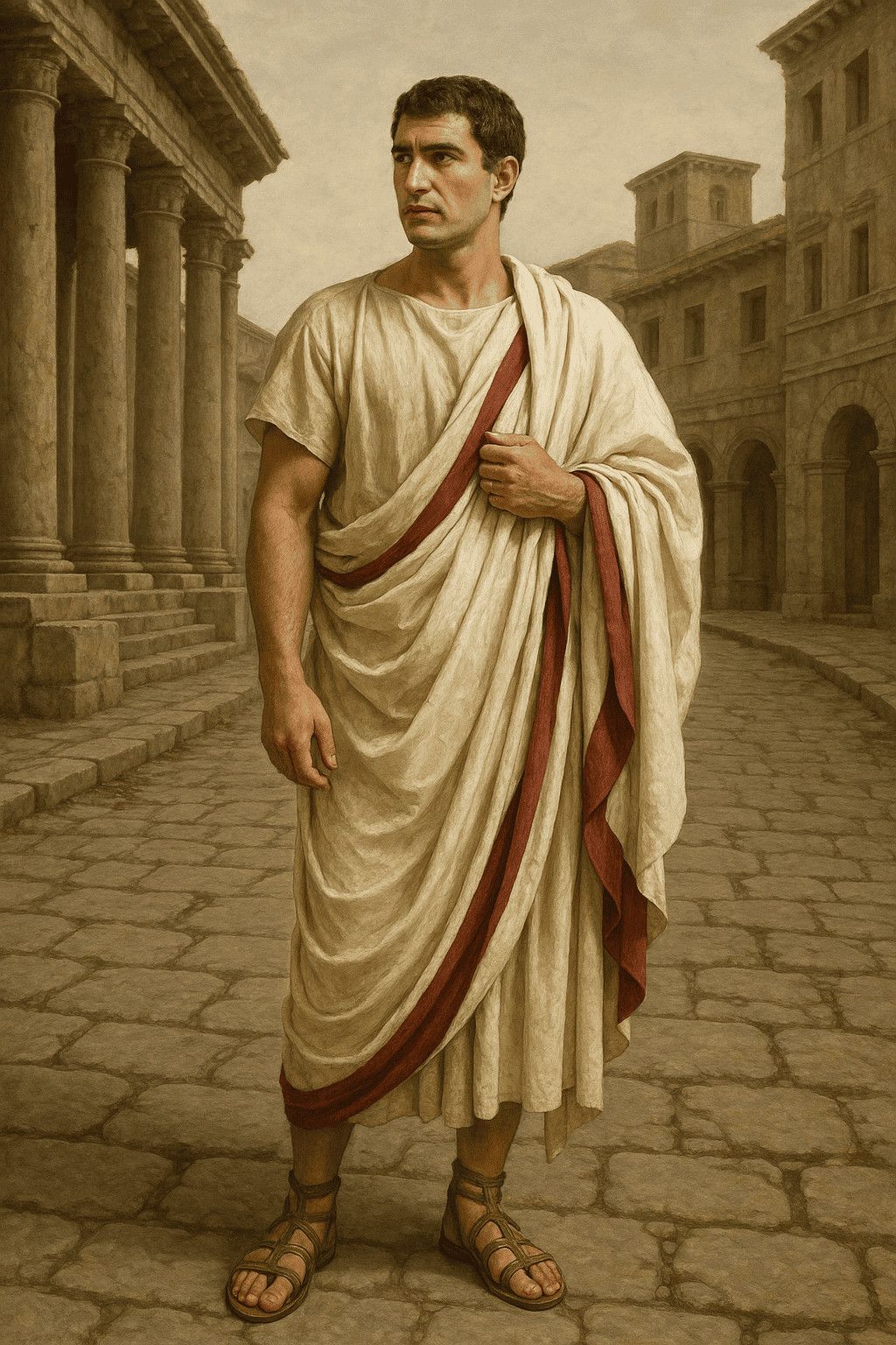 Mantle romano in tessuto beige con dettaglio rosso, uomo in abito classico storico, strada in pietra e architettura antica in background, stile autentico e storico, decorazione architettonica, abbigliamento antico, cultura romana, storia antica.