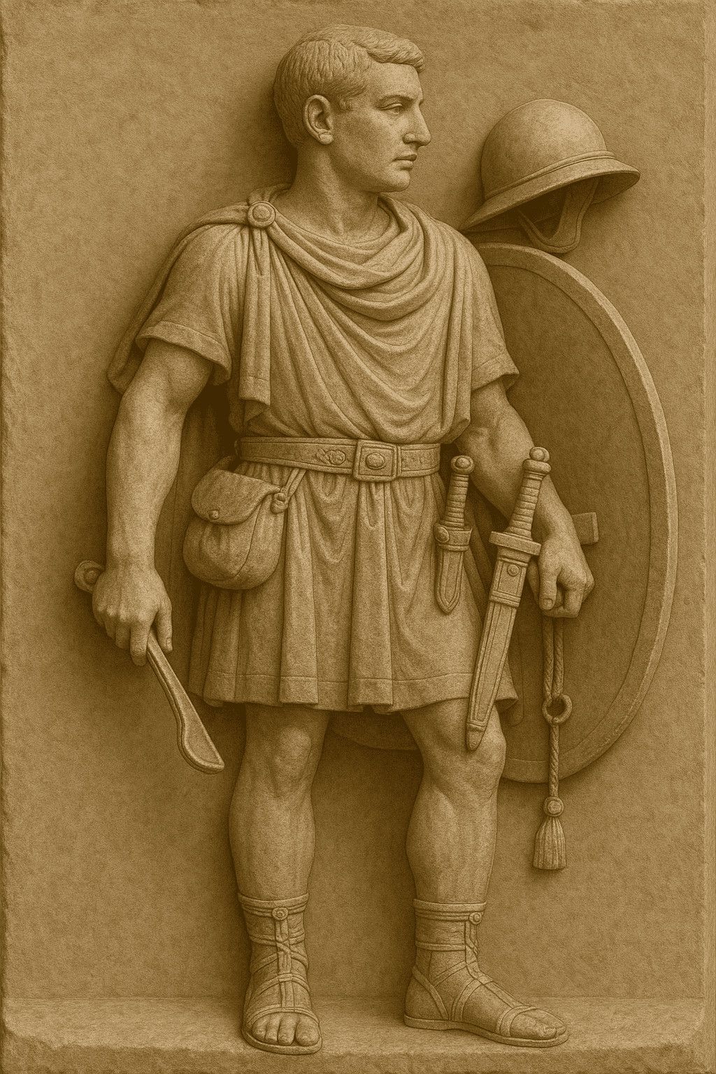 Statua di un soldato romano con scudo e spada, dettaglio di arte antica, simbolo di storia e conquista romana. Perfetto per articoli su storia antica, epoca romana e cultura militare romana.
