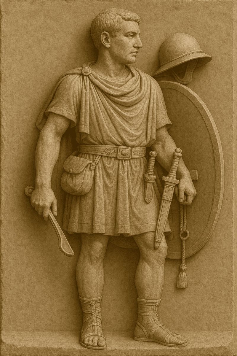 Abbigliamento uomo antica Roma: tuniche e toga 11 Statua di un soldato romano con scudo e spada, dettaglio di arte antica, simbolo di storia e conquista romana. Perfetto per articoli su storia antica, epoca romana e cultura militare romana.