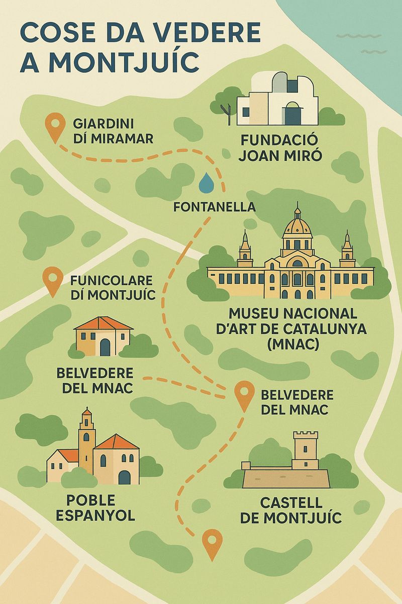 Montjuïc Barcellona cosa vedere in 1 giorno 8 Vista della mappa di Montjuïc, con i principali luoghi di interesse tra cui il Museu Nacional d'Art de Catalunya, il Castello di Montjuïc e i giardini di Miramar, perfetta per scoprire le attrazioni di questa zona di Barcellona.