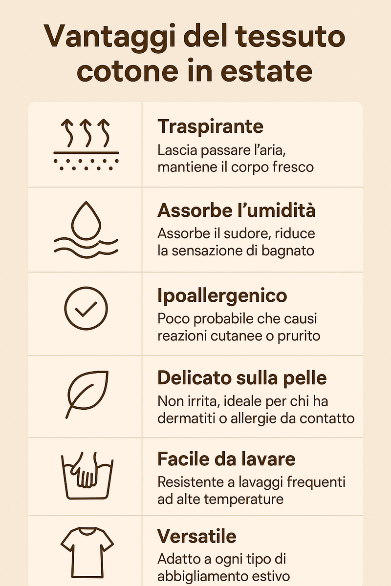 5 Tessuti estivi per pelle sensibile e allergie 3 5 Tessuti estivi per pelle sensibile e allergie. Cotone estivo: vantaggi tessuto cotone, traspirante, assorbe umidità, ipoallergenico, delicato sulla pelle, facile da lavare, versatile, perfetto per abbigliamento estivo e salute della pelle.