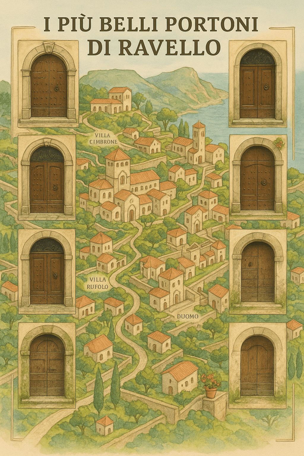 Portoni in stile medievale di Ravello con paesaggio affascinante di ville e colline. Icone rappresentano i portoni più belli di Ravello, tra storia, architettura e turismo in Italia.