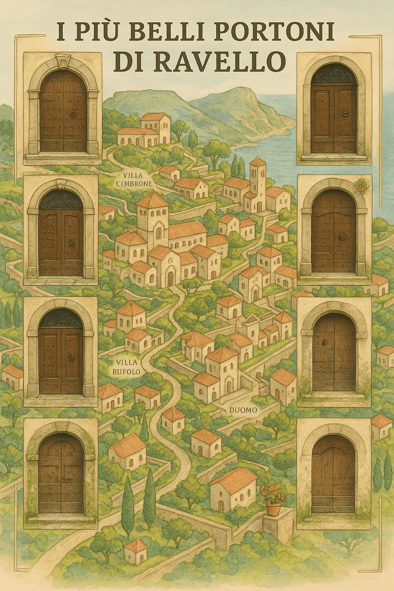 Stili dei portoni a Ravello: dal Medioevo al rustico 2 Portoni in stile medievale di Ravello con paesaggio affascinante di ville e colline. Icone rappresentano i portoni più belli di Ravello, tra storia, architettura e turismo in Italia.