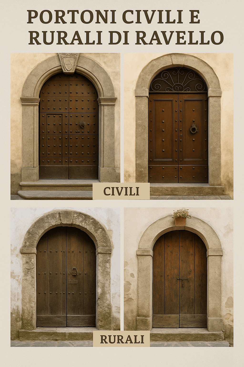 Antiche porte in legno con dettagli in ferro battuto, tipiche dei portoni civili e rurali di Ravello, esempio di architettura tradizionale italiana.