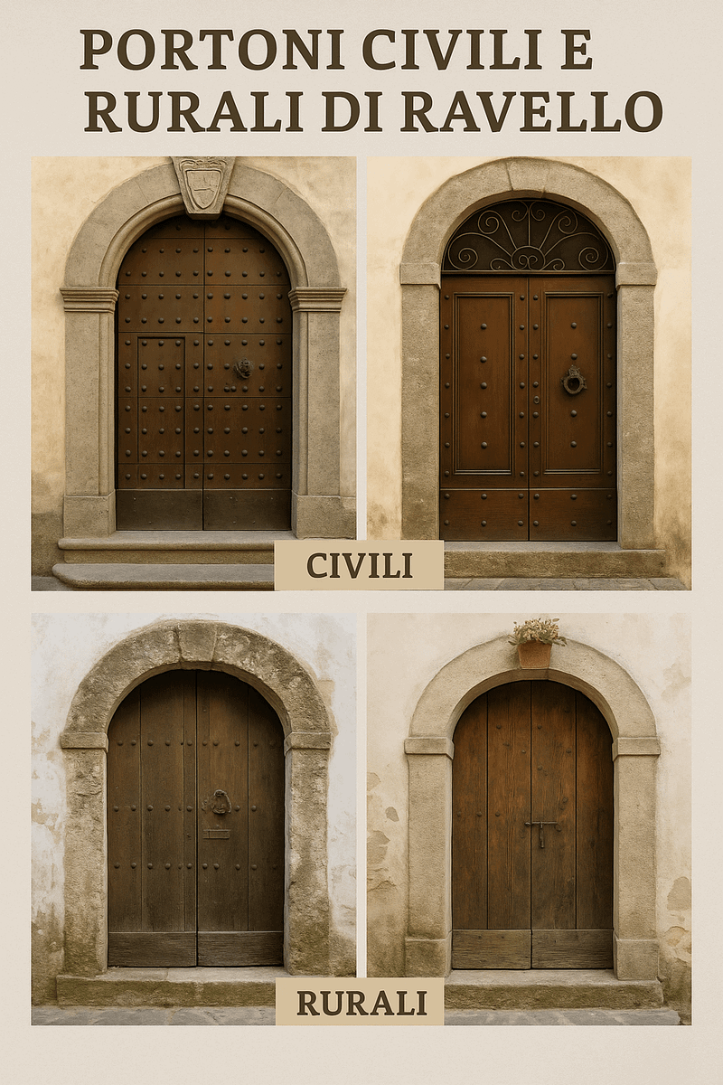 Stili dei portoni a Ravello: dal Medioevo al rustico 12 Antiche porte in legno con dettagli in ferro battuto, tipiche dei portoni civili e rurali di Ravello, esempio di architettura tradizionale italiana.
