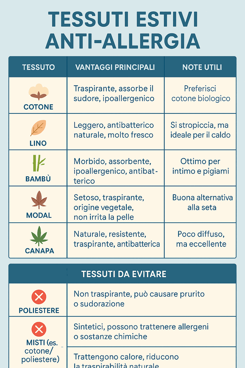5 Tessuti estivi per pelle sensibile e allergie 7 5 Tessuti estivi per pelle sensibile e allergie. Tabella con tessuti estivi anti-allergia e tessuti da evitare, evidenziando proprietà, vantaggi e note utili per la scelta dei materiali più sicuri e confortevoli.