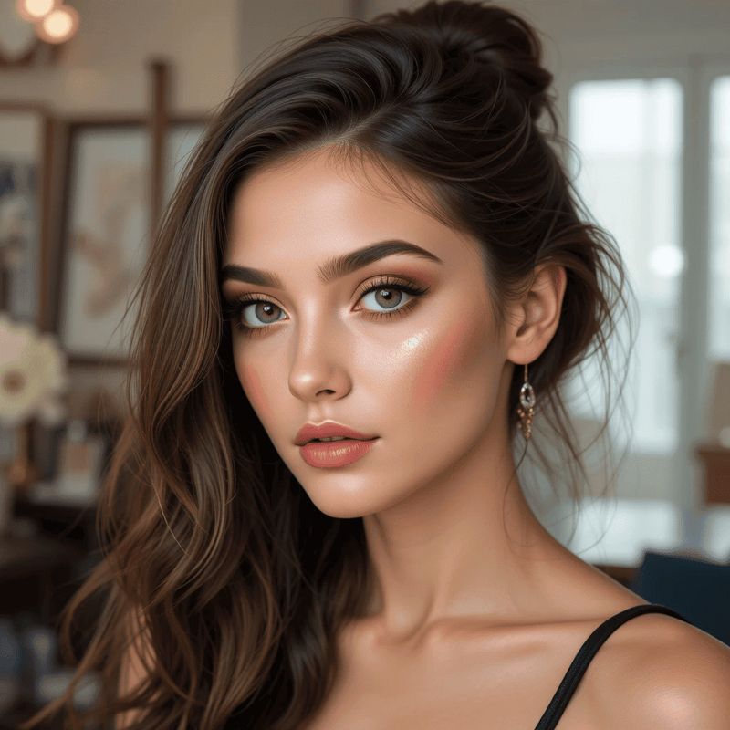 Make-up resistente all’acqua: l’alleato perfetto per l’estate 3 Make-up resistente all’acqua: l’alleato perfetto per l’estate. Bellissimo ritratto di una donna con trucco naturale e trucco occhi intenso, capelli mossi e unghie curate in un ambiente elegante e luminoso con luci soffuse e decorazioni moderne.