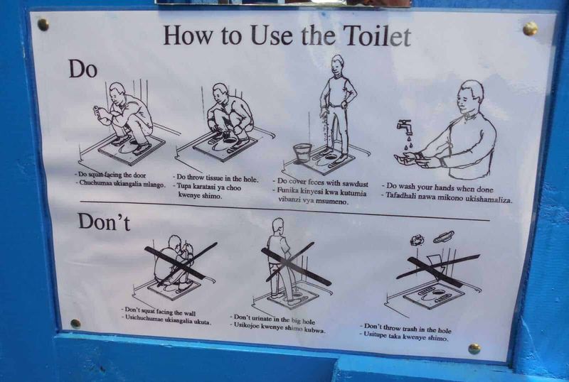 Toilette turca o europea? Differenze, benefici per la salute e quale scegliere 5 Scritte illustrative con istruzioni su come usare il bagno in modo igienico, con disegni e testi in inglese e swahili, posizionate su una parete blu.