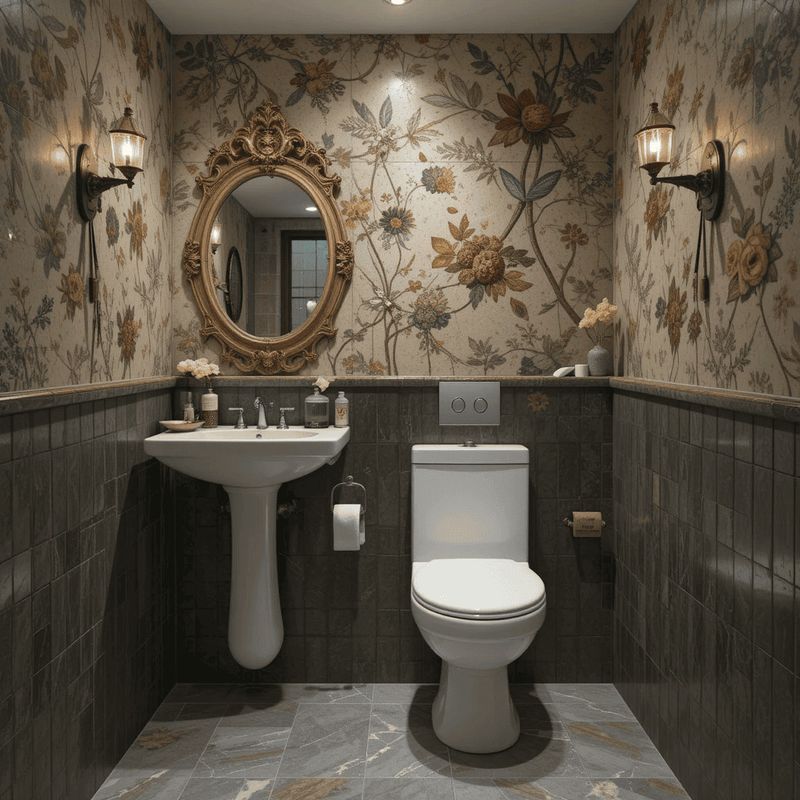 Toilette turca o europea? Differenze, benefici per la salute e quale scegliere 4 Elegante bagno con rivestimenti floreali, specchio d'epoca, lavabo bianco e toilet moderno, atmosfera vintage e raffinata, perfetta per uno spazio di relax grazie a dettagli di stile classico.