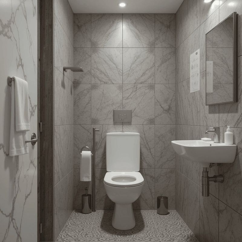 Toilette turca o europea? Differenze, benefici per la salute e quale scegliere 6 Funzione WC e lavabo in un bagno moderno in marmo con pareti e pavimenti in gres effetto marmo, illuminato da soffitto a led per un ambiente elegante e funzionale.