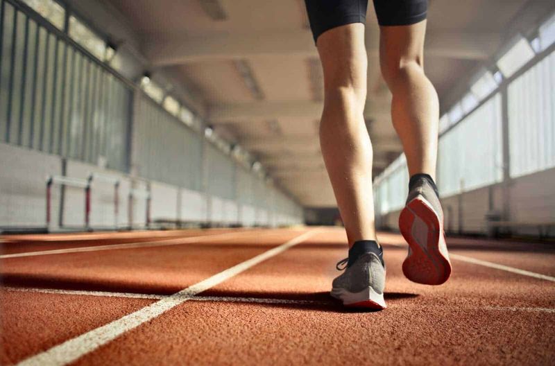 Beginner’s Workout Wardrobe: 6 Capi di Abbigliamento Sportivo Indispensabili per l’Uomo 5 Scarpe da corsa e muscoli delle gambe di un atleta in allenamento su una pista indoor colorata.