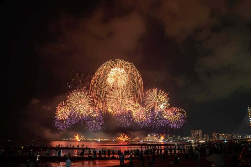 Ferragosto come si festeggia in Italia 5 Fuochi d'artificio spettacolari durante una festa sul lungomare, con skyline illuminato di notte e pubblico che ammira lo spettacolo pirotecnico. Perfetta immagine per articoli su eventi, festività e celebrazioni.