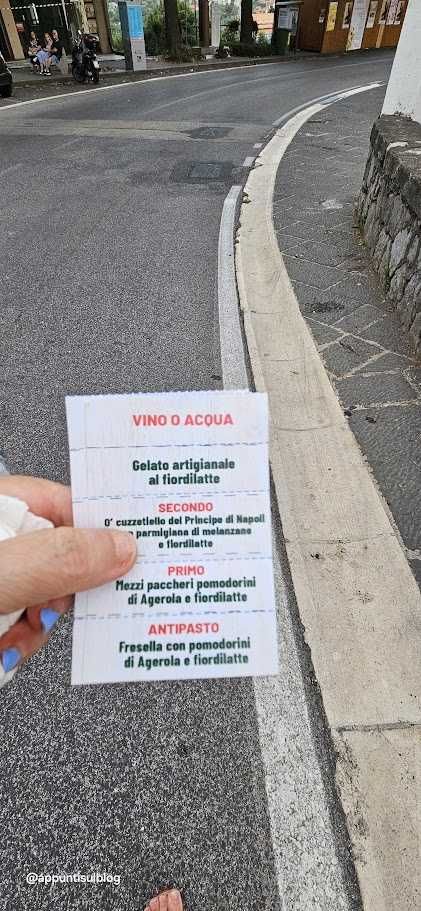 Vino o acqua menu con bevande artigianali e piatti tipici napoletani come gelato, sformatini e paccheri pomodorini.