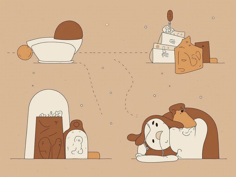 Quali sono gli oggetti di artigianato giapponese 3 Piatto di cioccolato e biscotti, scartoffie e bustine, cane sdraiato con cuffie, illustrazione minimalista in toni beige e marroni.
