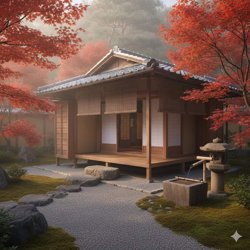 Architettura giapponese: caratteristiche, stili e materiali tradizionali 7 Traditional Japanese tea house in a serene garden during autumn with vibrant red maple trees and stone pathway, perfect for relaxing and appreciating nature.