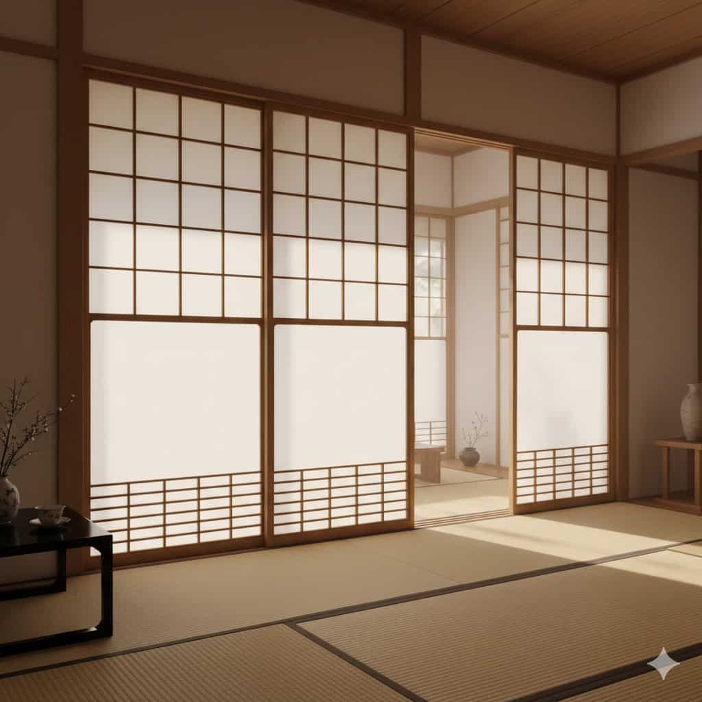 Elegante stanza tradizionale giapponese con porte shoji in legno e carta, tatami flooring, atmosfera calma e armoniosa, ideale per rilassarsi e meditare.
