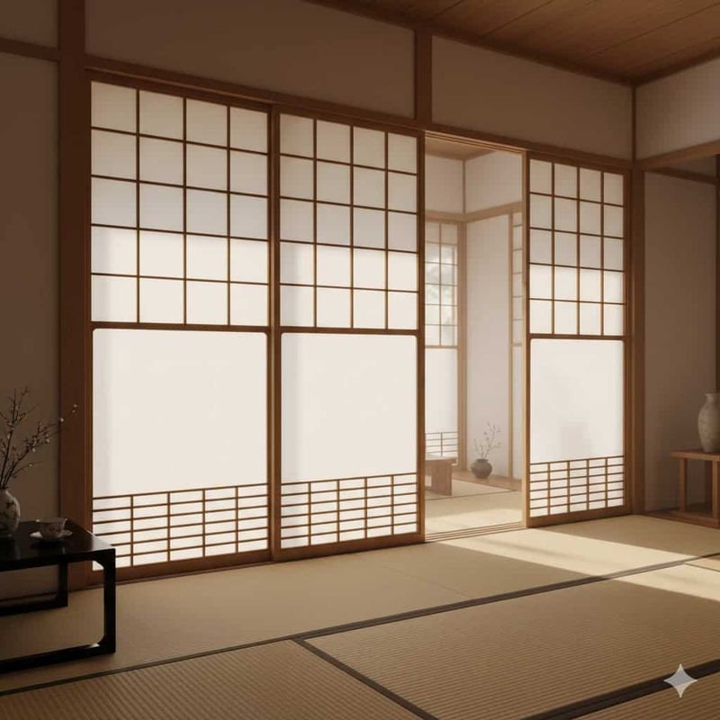 Architettura giapponese: caratteristiche, stili e materiali tradizionali 8 Elegante stanza tradizionale giapponese con porte shoji in legno e carta, tatami flooring, atmosfera calma e armoniosa, ideale per rilassarsi e meditare.