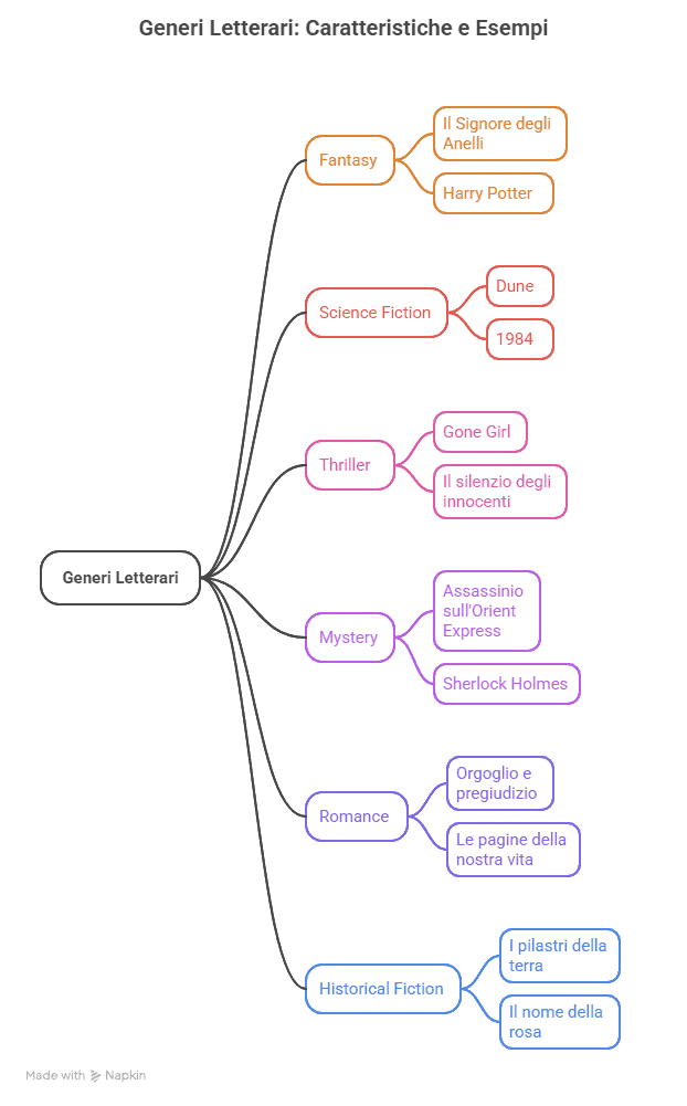 Generi Letterari: Caratteristiche e Esempi diagramma di generi letterari, evidenziando le caratteristiche e alcuni esempi significativi. Ideale per appunti sul blog dedicati alla letteratura.