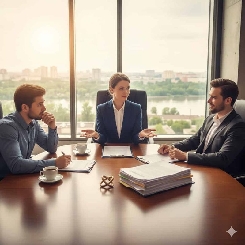 Quando serve un avvocato? 5 situazioni quotidiane 5 Consulenti aziendali in riunione strategica in ufficio moderno