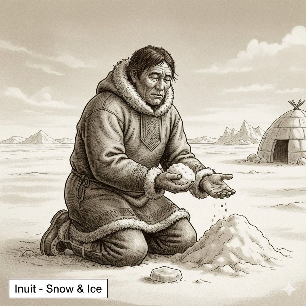 Pastore inuit con abiti tradizionali, intenta a raccogliere neve e ghiaccio nelle terre artiche, con tenda inuit sullo sfondo, rappresentando la cultura e le tradizioni degli Inuit.