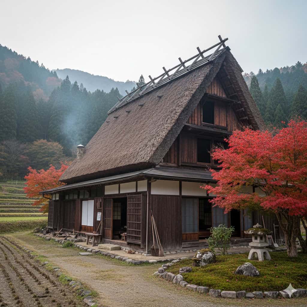 Vecchia casa tradizionale giapponese in stile Gassho, immersa in un paesaggio autunnale con alberi dai colori vivaci e risaie circostanti, scenario di cultura e storia Nipponica.
