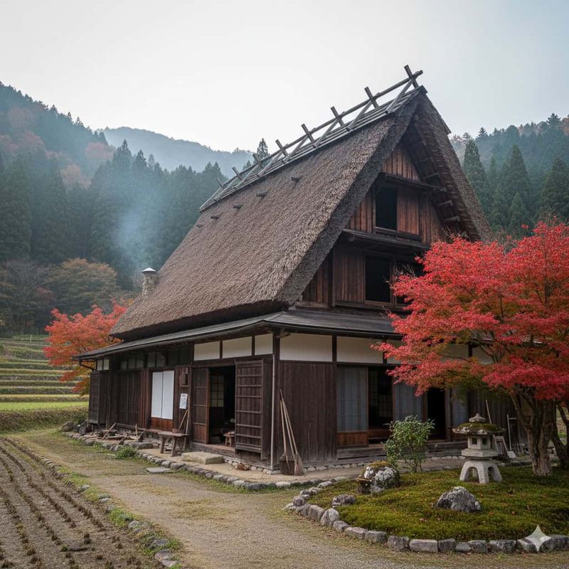 Architettura giapponese: caratteristiche, stili e materiali tradizionali 5 Vecchia casa tradizionale giapponese in stile Gassho, immersa in un paesaggio autunnale con alberi dai colori vivaci e risaie circostanti, scenario di cultura e storia Nipponica.
