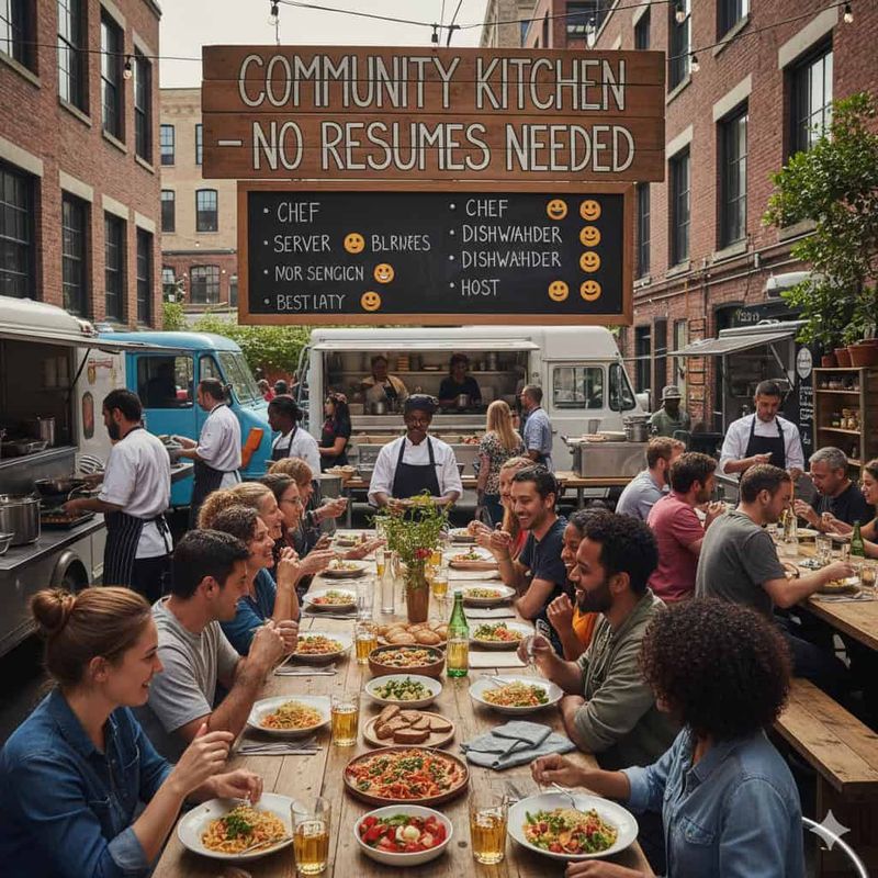 Trabaco, community per ristorazione senza CV 3 Appunti Sul Blog, evento di cucina comunitaria all'aperto con tavoli pieni di persone che condividono cibo delizioso in un ambiente urbano, promuovendo solidarietà e convivialità.