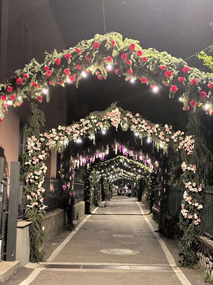 Festa dei fiori Monte Isola 2025 dopo 10 anni 5 Fiori decorativi archi di luci decorazioni floreali per eventi notturna | eleganti archi di fiori e luci per occasioni speciali e matrimoni | percorso decorato con fiori e luci durante evento serale, crea un'atmosfera magica e romantica, perfetta per foto e celebrazioni all'aperto.