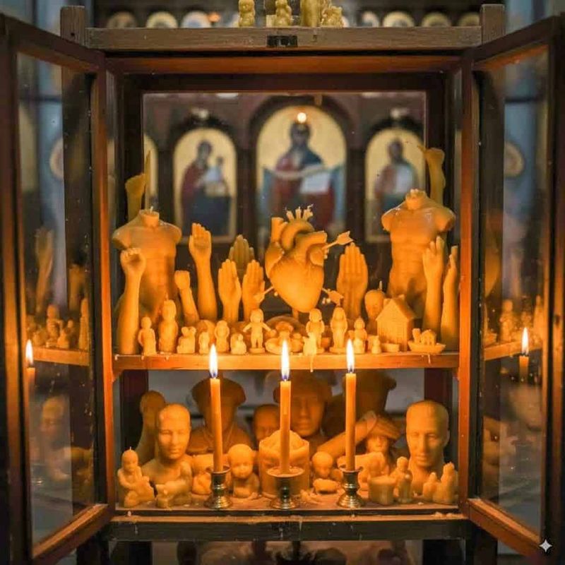 Cosa sono gli ex voto in cera anatomici 3 Un'edicola religiosa con candele di cera e statuette sacre.
