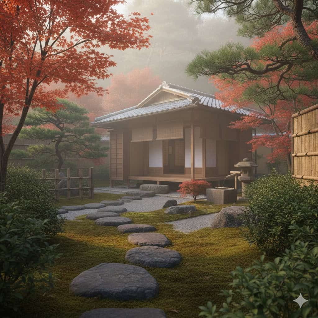 Fuga in un giardino Zen giapponese con tradizionale casetta in legno, pietre levigate e alberi di acero rosso, crea un'atmosfera di pace e meditazione, ideale per momenti di relax e riflessione.