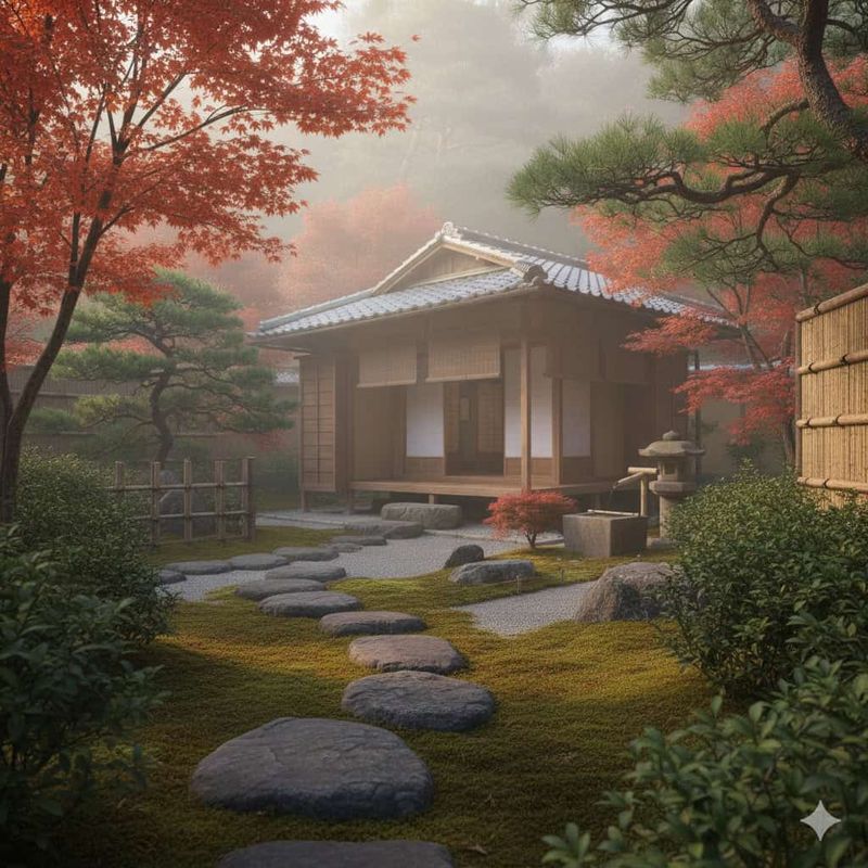 Architettura giapponese: caratteristiche, stili e materiali tradizionali 6 Fuga in un giardino Zen giapponese con tradizionale casetta in legno, pietre levigate e alberi di acero rosso, crea un'atmosfera di pace e meditazione, ideale per momenti di relax e riflessione.