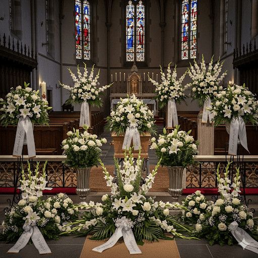 Fiore di funerale con grandi composizioni di fiori bianchi e decorazioni eleganti all’interno di una chiesa storica, ideale per commemorazioni e cerimonie funebri.