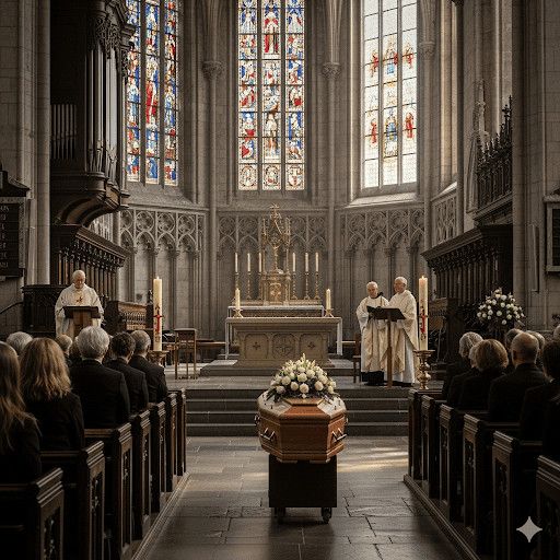 Cosa fanno le onoranze funebri: consigli utili 2 Sepolcro con barellia in un'abbazia gotica durante un rito funebre, con fedeli seduti e sacerdoti che officiando la cerimonia. Interno sacro con vetrate colorate e arredi liturgici.