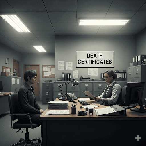Certificato di morte, ufficio notarile, documenti legali, documentazione ufficiale, ambientazione ufficio con scrivanie e archivi, scena di un'intervista o visita ufficiale, contesto di certificazioni e pratiche burocratiche.