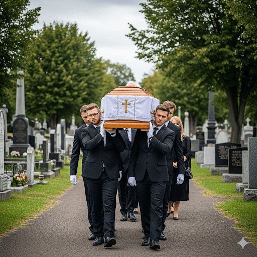 Cosa fanno le onoranze funebri: consigli utili 3 Tombe con bara bianca con croce in un funerale in cimitero, persone in abiti formali rendono omaggio ai defunti, atmosfera rispettosa e solenne.