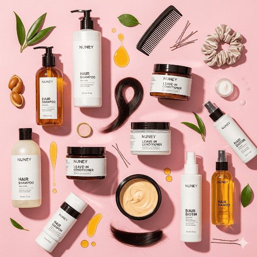 Arricciatura dei capelli con prodotti di bellezza e cura, ad esempio shampoo, balsamo, siero, accessori per styling e foglie verdi su sfondo rosa.