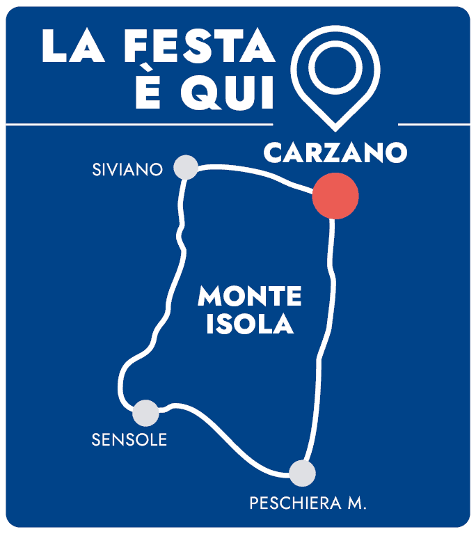 Festa dei fiori Monte Isola 2025 dopo 10 anni 13 Croce blu con mappa e indicazioni delle località di Carzano, Siviano, Monte Isola, Sensole, Peschiera M. per eventi e feste in zona.