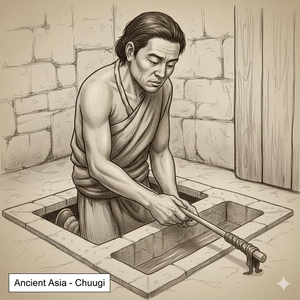 Tatuatore all'opera con ago antico in Asia, simbolo di tradizione artigianale e cultura antica, rappresentato attraverso un'illustrazione storica.