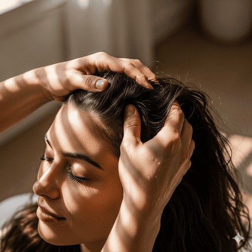 Capelli lunghi, donna che riceve un massaggio al cuoio capelluto in un ambiente caldo e rilassante, ideale per la cura dei capelli e il benessere.