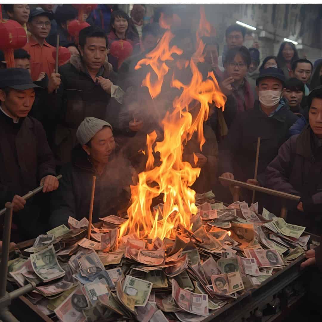 Perché in Asia bruciano banconote ai funerali? Fumata di soldi in fiamme durante un rituale tradizionale cinese, con numerosi partecipanti che osservano attentamente, creando un'atmosfera di cultura e spiritualità.