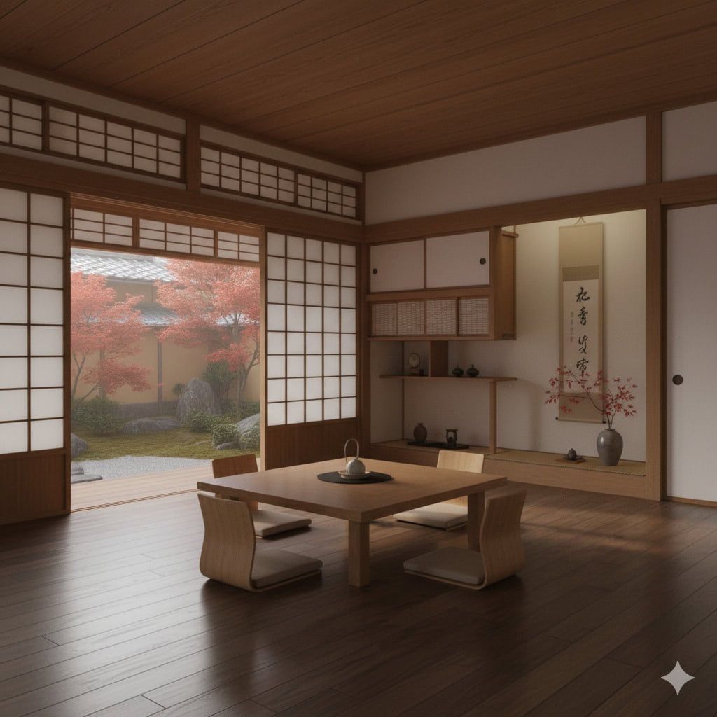 Case giapponesi tradizionali: Teiera di ceramica su tavolo da pranzo in stile giapponese, interni vista sul giardino zen, ambientazione tradizionale con tatami e carta di riso, atmosfera zen e rilassante, decorazioni minimaliste.